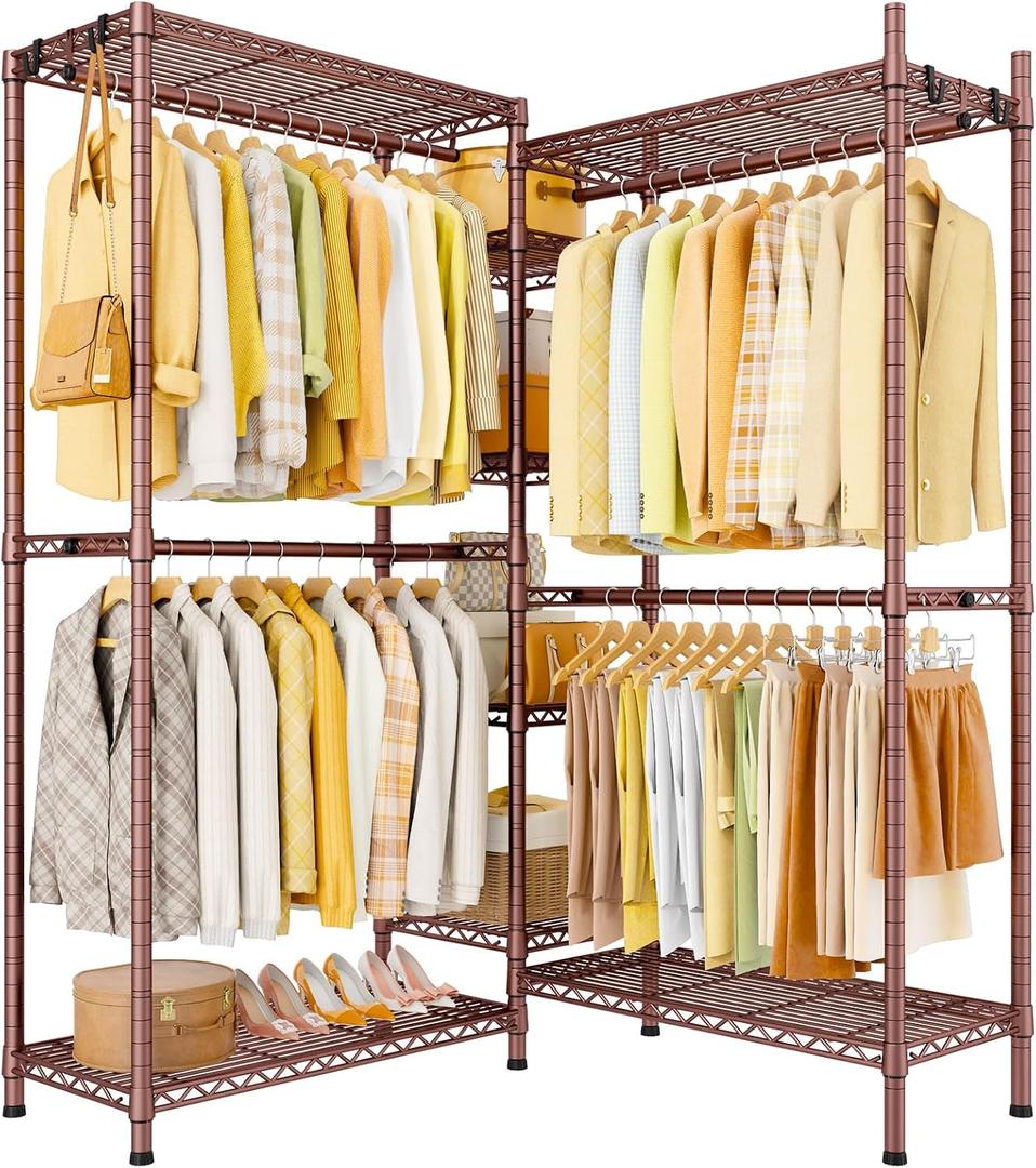 Ulif E4L L-shaped Clothes Rack, Heavy-Duty Garment Rack, Metal Freestanding Clothing Organization Storage System with Shelves and Hangers, Max Load 962lbs, 42.7" W x 42.7" D x 79.3" H, Bronze