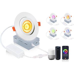 CLOUDY BAY 4 inch Eyeball Smart LED Recessed Light,Color Changing Recessed Lighting, Compatible with Alexa and Google Home Assistant,4 Pack (Rgbcw / Wifi)