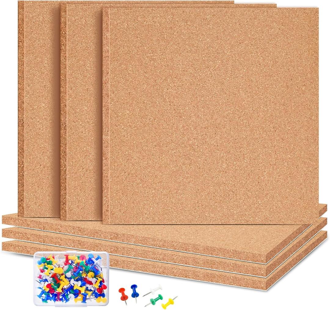 6 Pack Self-Adhesive Square Cork Boards for Wall with 100 Push Pins for Bulletin Boards Cork Wall Home School Office Decorative12"x12"x1/4"