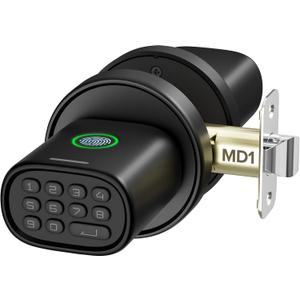 Fingerprint Door Knob, Keyless Door Knob with Keypad Biometric Electronic Thumbprint, Auto-Lock for Interior Doors for Bedroom, Home, Office, Garage, 4xAA Alkaline (NOT Included), MD1 Black