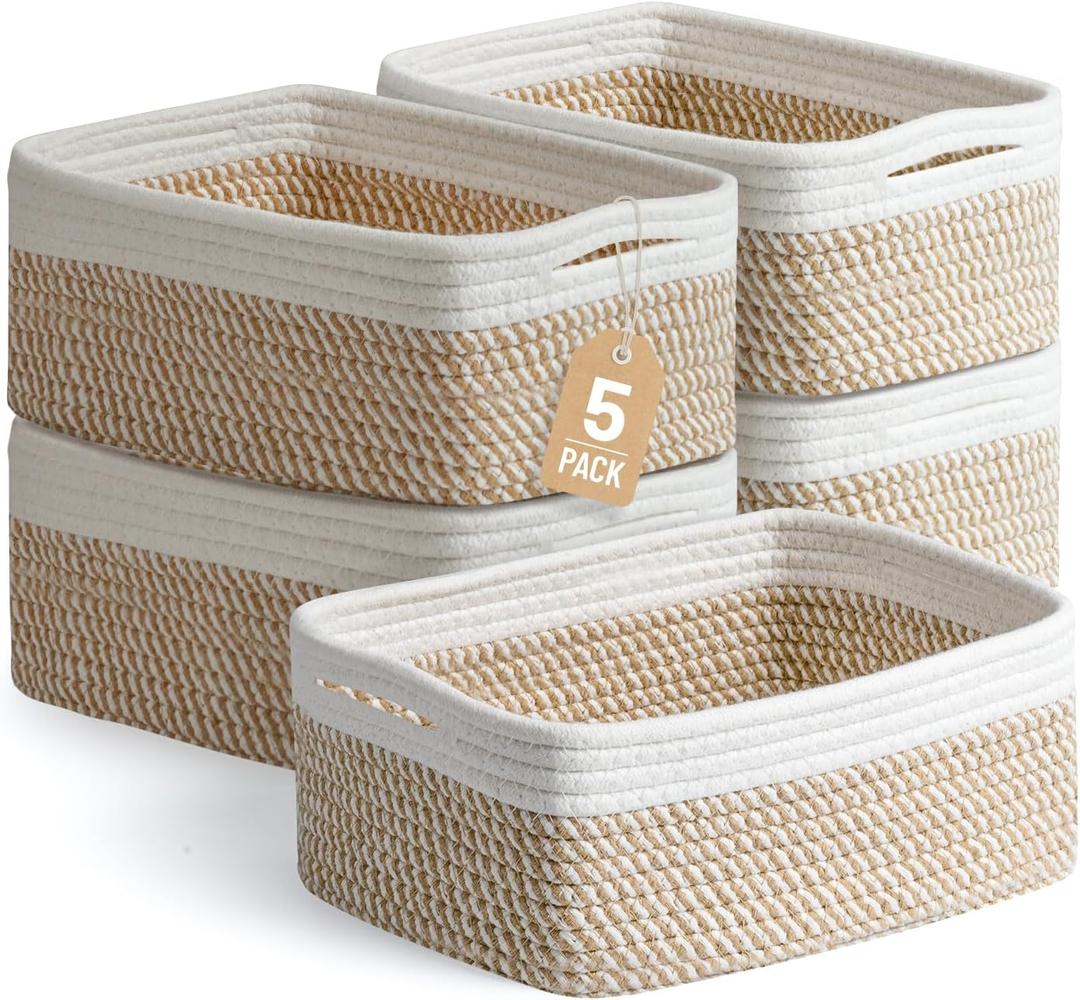 5 Pack Small Woven Storage Baskets for Shelves, Cotton Rope Baskets Organizer for Bathroom, Closet & Nursery, Decorative Storage Bins for Organizing Socks, Toys, 11.8"x7.9"x4.7", Khaki/White
