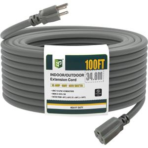EP 100 Ft Outdoor Extension Cord, 12/3 SJTW Heavy Duty Extension Cable with 3 Prong Grounded Plug, 15 AMP Power Cord for Lawn, Garden, Appliances, Gray