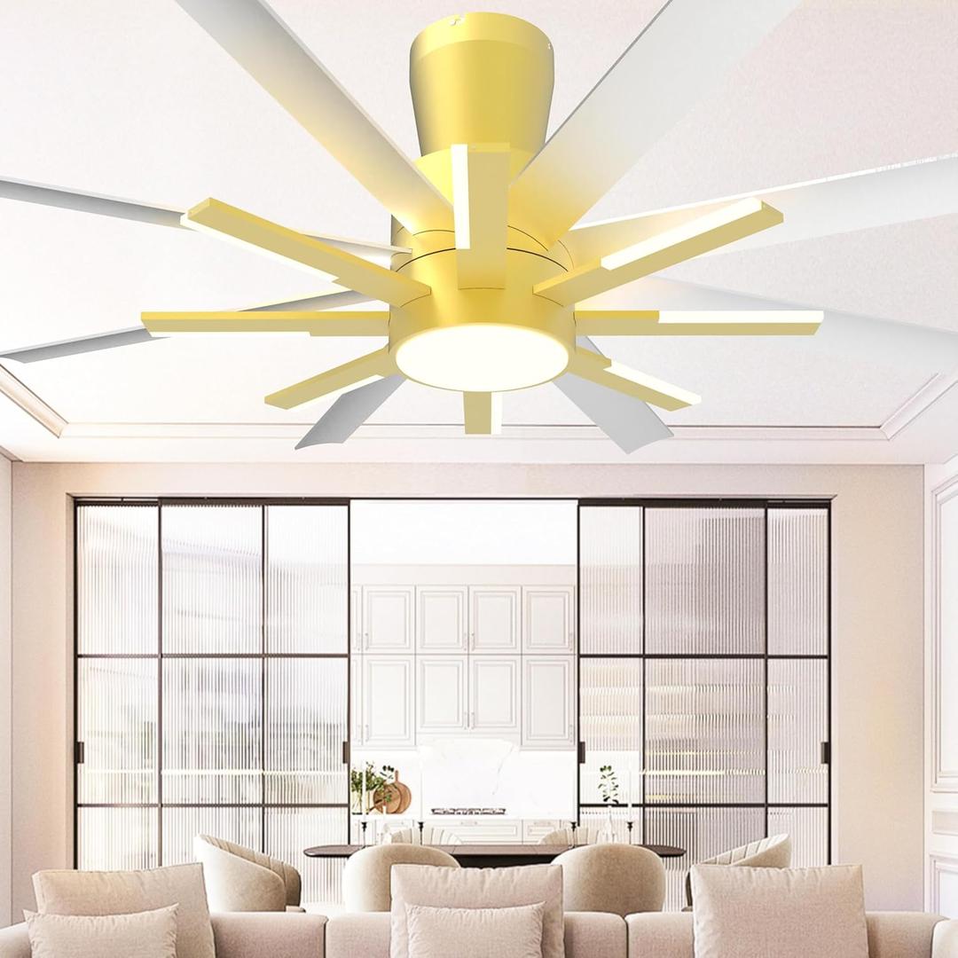 60 inch Flush Mount Ceiling Fans with Lights and Remote, Low Profile Ceiling Fan with Light for Living Room Bedoom6 Speed Reversible8 Blades and 9 Lights3 CCTWhite Gold
