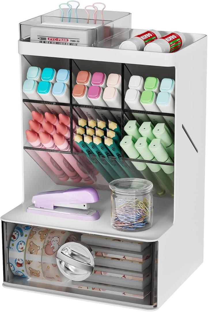 Pen Organizer with Drawer, 6 Compartments Desk Pencil Holder for Stationery & Craft, Multi-Purpose Art Supply Organizers for Office Desktop, Vanity, Bathroom, Pantry & Home Storage