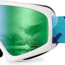 SNOWER Kids Ski Goggles, Anti-Fog Snow Goggles with OTG Design, 100% UV Protection, HD Lens for Kids Boys Girls (One Size, A2-vlt 18% Revo Green)