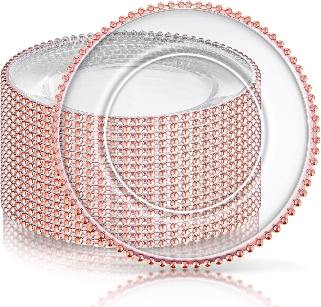 Zopeal 18 PCS Clear Charger Plates with Beaded Rim 13 Inch Plastic Round Charger Plates Bulk for Dinner Home Kitchen Wedding Party Tabletop(Rose Gold)