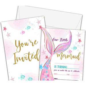 PerKoop 24 Sets Mermaid Birthday Invitations Include Mermaid Party Invitations Cards, Envelopes and Stickers for Girl Ocean Under the Sea Party Decorations Pool Mermaid Birthday Party Supplies