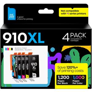 iNKPAD 910XL Ink Cartridges Compatible with HP 910 XL 910XL Ink Cartridges Combo Pack for Officejet Pro 8020 8035 8028 8025 Officejet 8022 8010 8015 8018 (4-Pack, Black Cyan Magenta Yellow)