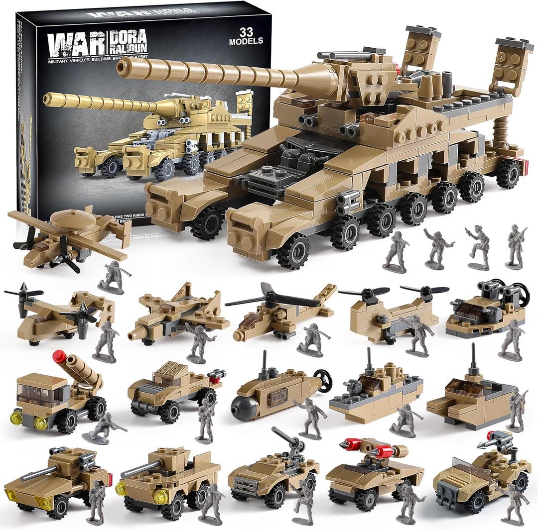WW2 Army Tank Toys Building Sets Compatible with Lego, Create a German Dora Cannon or 16 Military Vehicles with 20 Toy Soldiers, STEM Toys for Boys Kids Age 6+ Year Old (544PCS)
