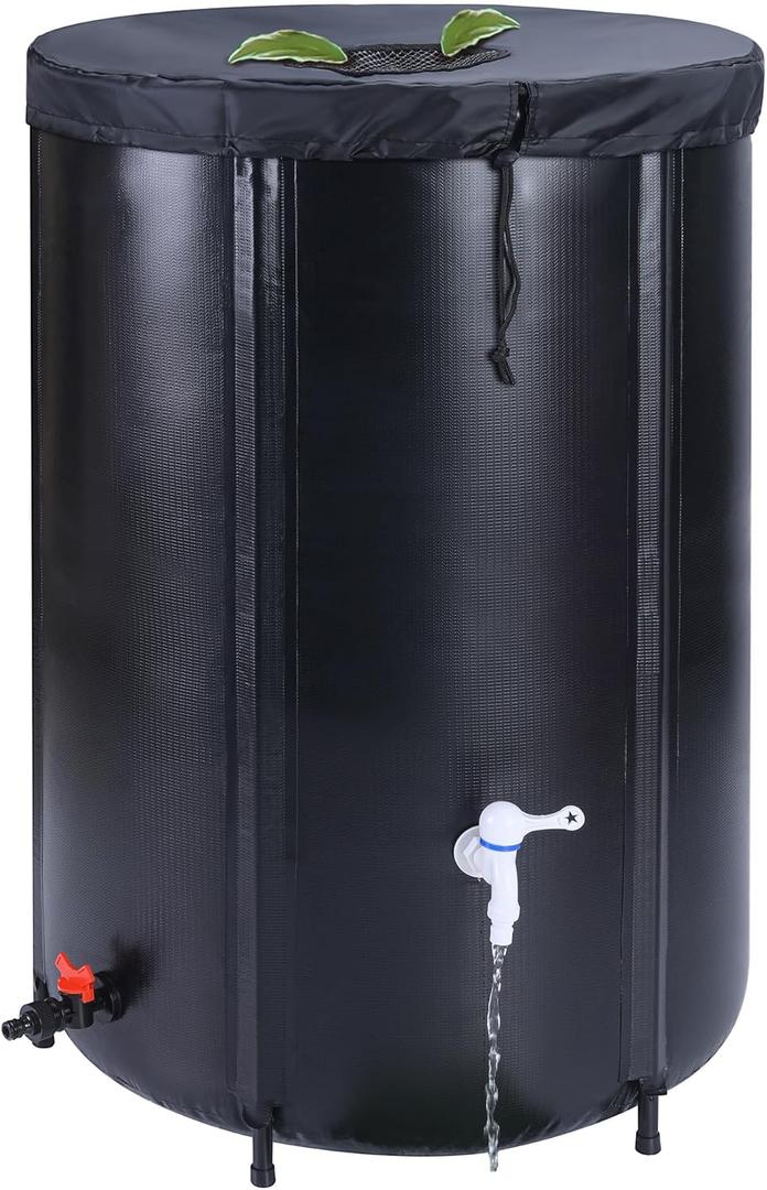 65 Gallon Collapsible Rain Barrel Water Tank - Portable Rainwater Collection System with Spigot Overflow Kit - Water Storage for Garden, Black