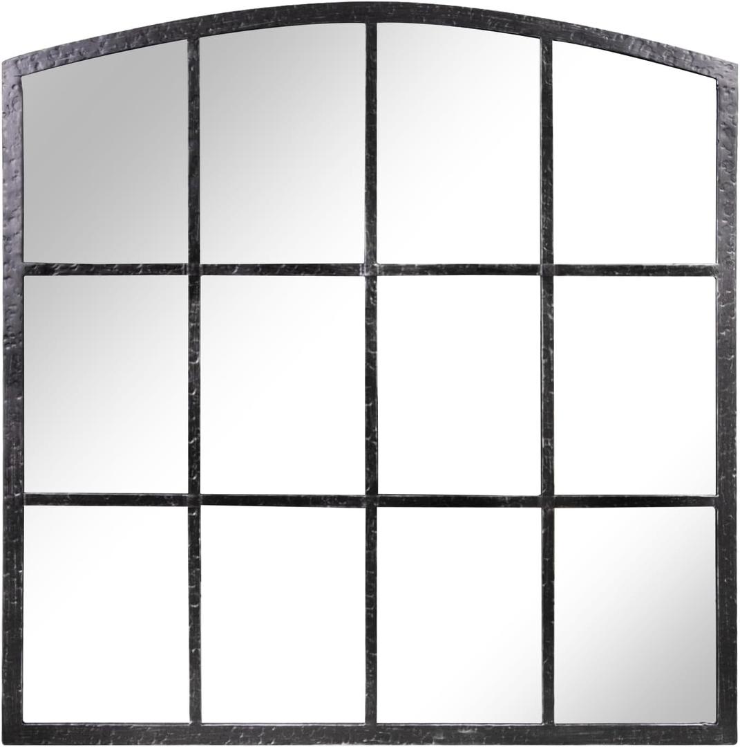 Hand-Forged Black Window Pane Mirror, 36 Inch Wide Window Mirror, Metal Frame Arched Decorative Mirrors, Antique Grid Wall Mirrors for Living Room, Bedroom, Entryway