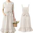 100% Cotton Aprons with Pockets Pinafore Dress for Women Vintage Cute Aprons for Kitchen Baking Gardening Painting (Beige)