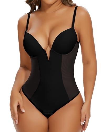 SHAPERIN Women's Deep V Backless Body Shaper Bra Faja Plunge Low Back Thong Shapewear Tummy Control Bodysuit (Small,Black)