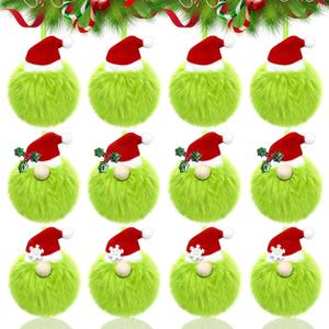 JULMELON 12 Pcs Lime Green Furry Christmas Ball Ornaments with Santa Hat, Xmas Green Furry Ornaments Christmas Ball Hanging Decorations Tree Decorations for Home Party Fireplace Mantel Wall Decor