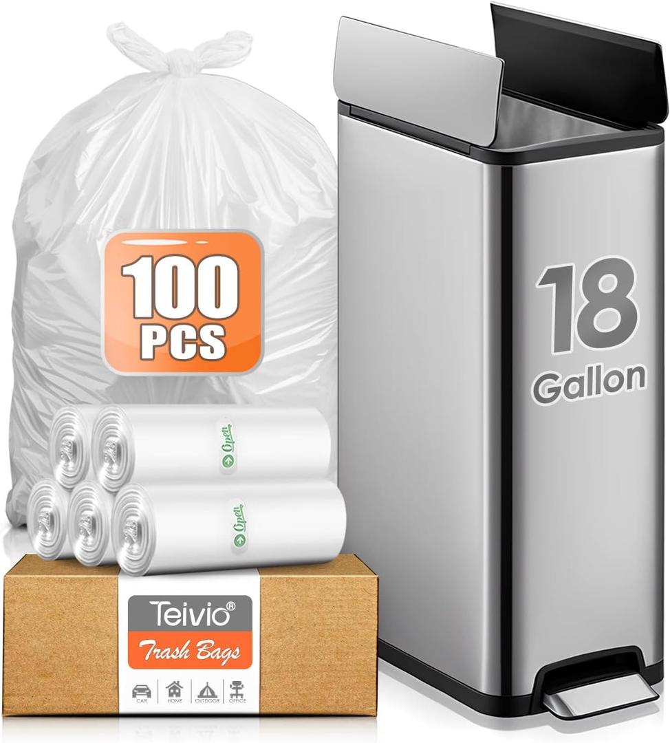 18 Gallon 100 Counts Trash Bag Tall Kitchen Trash Bags, Fit 15,16,18,20Gal,Garbage Bags by Teivio, Unscented, Bin Liners, Plastic Bags for home, for Bathroom, Office, Industrial, Clear