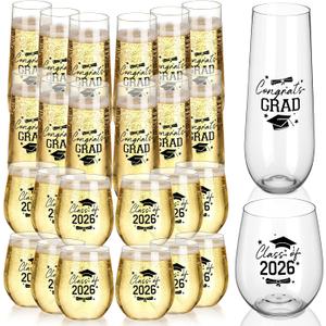 Remerry 36 Pack Graduation Stemless Plastic Champagne Flutes Cups Congrats Grad Class of 2026 Disposable Wine Glasses Heavy Duty Shatterproof Toasting Glasses for Party(Graduation,9 oz & 12 oz)