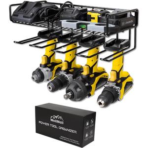 Heavy Duty Tool Organizer, 16"W x 7.48"H x 5.51"D, 4 Wall Mount Anchors, 3.95" Between Slots, Sturdy Steel Construction, Ideal for Power Tools