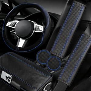 NBTEPEM 6 PCS Car Steering Wheel Cover Set, Microfiber Leather Steering Wheel Covers Universal 14.5-15 inch, Center Console Cover, Seat Belt Cushion, Cup Holder Coaster, Car Accessories Set Blue (Black with blue)