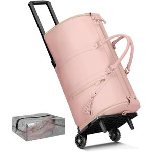 Ytonet Rolling Garment Bags for Travel, Convertible Carry On PU Leather Travel Bag 2.0 Roller Edition, 3 in 1 Suit Garment Duffle Bag with Wheels and Shoe Pouch for Business Wedding Overnight, Pink