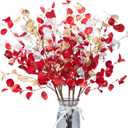 6pcs Eucalyptus Stems Fake Red Gold Silvery Christmas Decorations Leaves Artificial Silk Flowers Bouquet Faux Branches Centerpiece Flores Plants for Home Party Decor Wedding Decoration