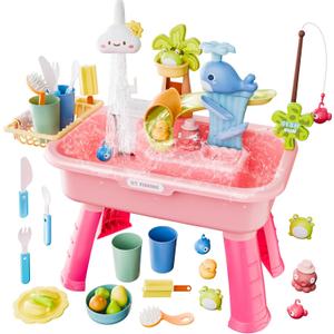 2026 Upgraded Water Table for Toddlers 3+, Water Table for Kids Ages 4-8 with Pump, Play Sink with Running Water, Kitchen Sink for Toddlers, Fishing Game and Outside Sensory Toys (Pink)