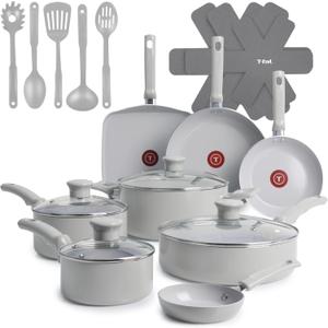 T-Fal Refresh Ceramic Pots and Pans Set, 20-Piece Nonstick Cookware Set, Stockpot, Griddle, Frying Pans, Utensils, Moon Grey