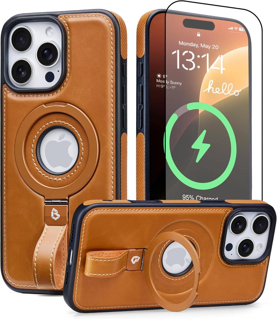 for iPhone 15 Pro Max Case Leather | iPhone 15 Pro Max Leather Case with Stand | Compatible with MagSafe with Magnetic Ring Grip Holder (Brown, IP 15 Pro Max-6.7inch)
