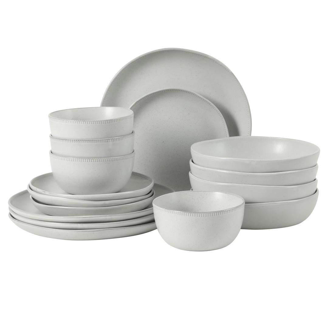 Gibson Elite Menlo Park 16-Piece Pottery Clay Stoneware Dinnerware Set – White Reactive Glaze, Embossed Plates and Bowls W/Pasta Bowl, Service for 4 – Microwave & Dishwasher Safe