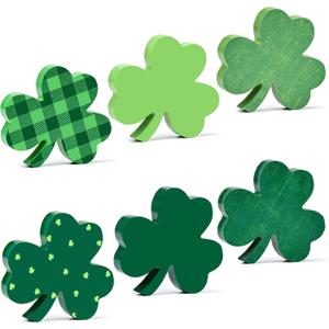 6Pcs St. Patrick's Day Shamrocks Decorations, Wooden Table Signs Tiered Tray Decor Irish Green Clover Centerpiece for Saint Patty's Party Home Kitchen Office 
