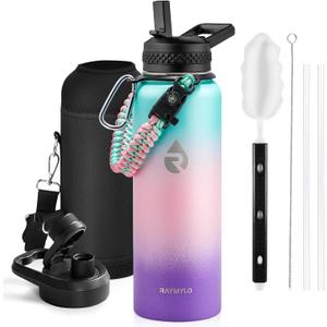 RAYMYLO Insulated Water Bottle 40 oz, Triple Wall Vacuum Stainless Steel (Cold for 36Hrs, Hot for 18Hrs), Leak Proof & Non-BPA, Modern Water Flask Jug with Paracord Handle & Straw Spout Lids