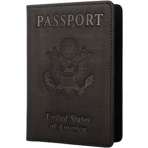 Genuine Leather Passport Holder Travel Wallet RFID Passport Cover Case for Women Men (Black)