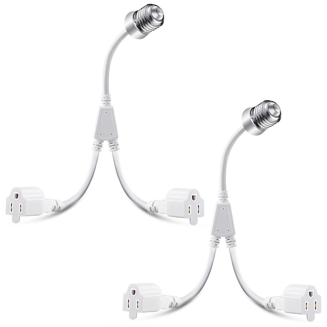 Pack of 2, 2 in 1 Light Socket to Plug Adapter, Convert E26/E27 Bulb Socket to 2 Pieces 3 Prong Outlet with Extension Cord, Flexible Light Bulb Socket Converter Suitable for Porch Patio Garage Use (White)