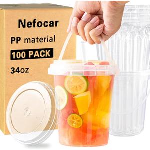100 Pack 34oz Disposable Plastic Cups with Lids and Straws, Iced Coffee Cups with Lids, Sturdy & Food Safe for Cold & Hot Drinks, Smoothies, Fruit Drinks Cups for Summer Beverages, Bar & Beach Party