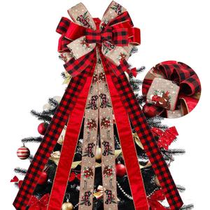 RECUTMS Red Christmas Bows 56.7x13 inches Christmas Tree Topper Bows Large Handmade Burlap Bow with Xmas Patterns Christmas Wreath Decoration for Indoor Outdoor Xmas Party Home Holiday Winter