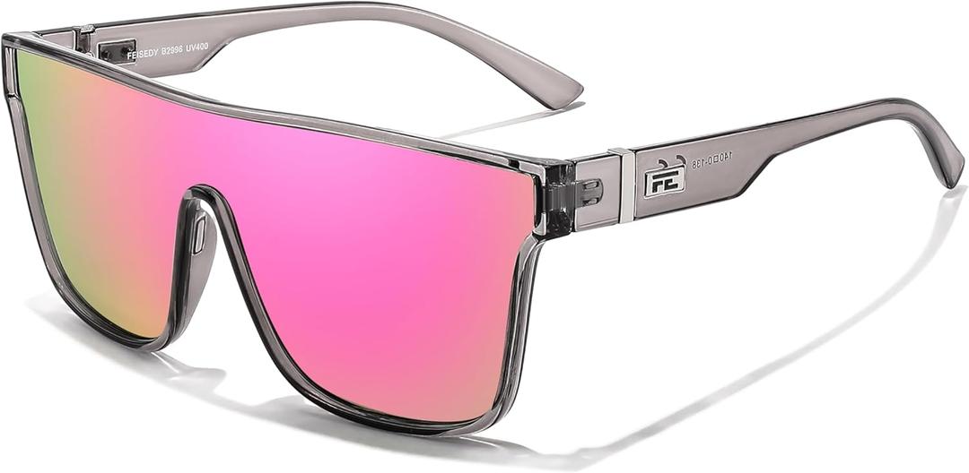 FEISEDY Sunglasses for Women Men, Fashion Mirrored Single Lens, Driving Beach Sunnies UV400 Shades B2996 (Transparent Grey Frame & Pink Mirrored Lens)