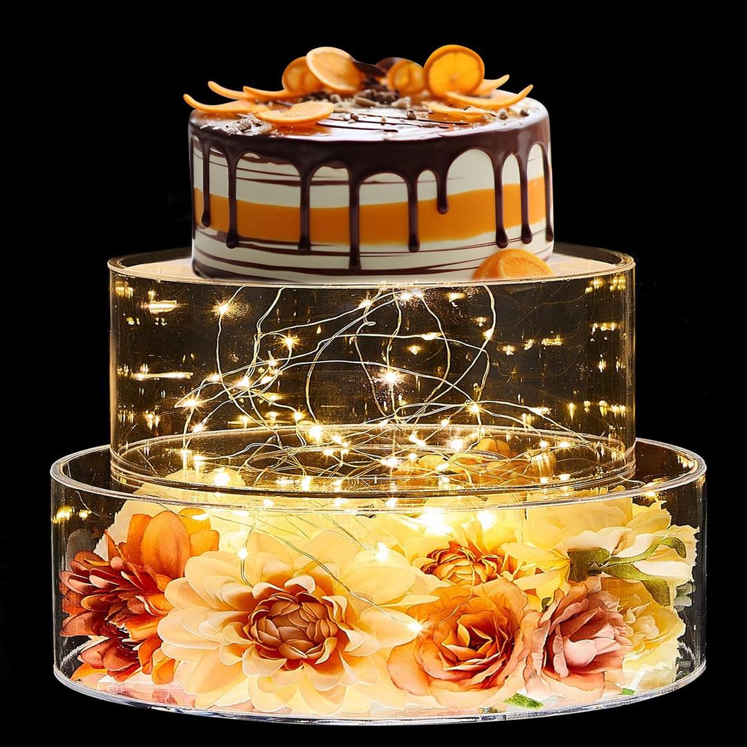 Sunnyray 2 Pcs Acrylic Cake Stands for Dessert Table Clear Fillable Cake Riser Cupcake Tier with LED Strings for Birthday Wedding Holiday Party Display(12'', 14'')