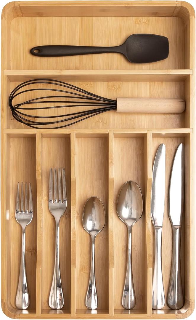 KitchenEdge Silverware Organizer - Cutlery, Flatware, and Utensil Holder for Kitchen Drawers, Fixed 10.5 Width, 7 Storage Compartments, Non-Slip Feet, Rounded Corners, 100% Bamboo