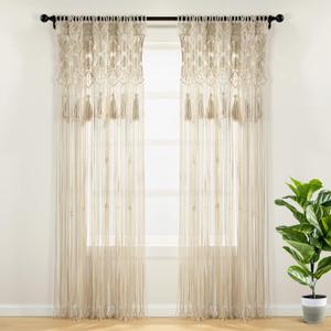 Lush Decor Boho Macrame Tassel Cotton Window Curtain/Room Divider/Wedding Backdrop/Wall Decor, 84" L x 50" W, Neutral (40"W x 84"L (Pack of 1))