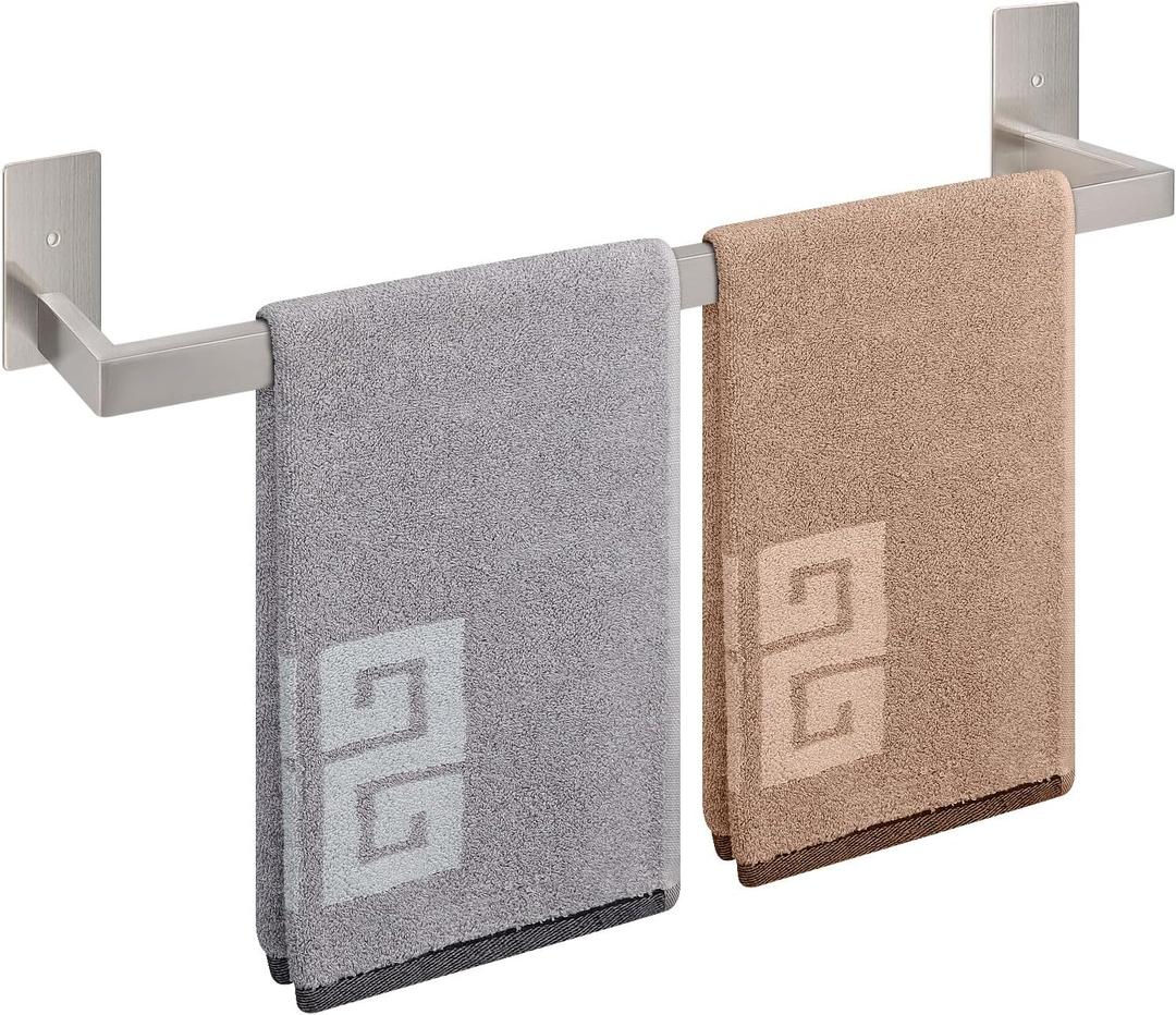 NearMoon Self Adhesive Bathroom Towel Bar, Stainless Steel Square Bath Wall Shelf Rack Hanging Towel Stick On Sticky Hanger Contemporary Style, Towel Rack Wall Mounted (24 Inch, Brushed Nickel)
