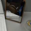 Vintage Desk Makeup Mirror, 11.9" L x 8" W Antique Gold Vanity Table Mirror, Metal Framed Scalloped Small Standing Mirrors with Beaded, 360 Adjustable Rotation for Tabletop, Bedroom