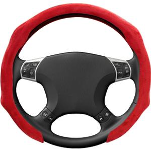 Car Steering Wheel Cover, 15 Inch Anti-Slip Suede Steering Wheel Protector with Comfortable Grip, Breathable Sporty Auto Wheel Wrap Universal Fit for Most Cars Trucks SUVs (Red)