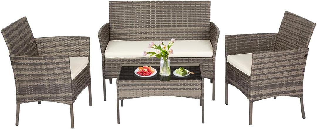 FDW | 4-Piece Patio Furniture Set | Gray & Khakhi | Outdoor Wicker Furniture with Coffee Table | Modern Rattan Chairs Conversation Set | Outdoor Seating | Weather-Resistant | for Porch, Garden, Lawn (Gray and Khaki)