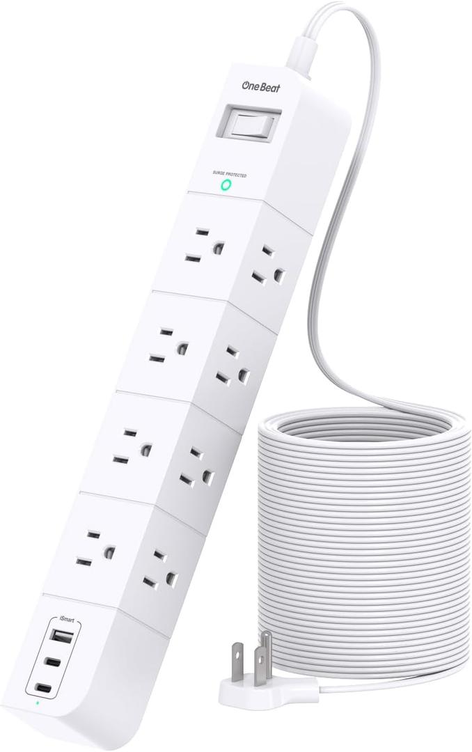 One Beat Extension Cord 15 ft,Surge Protector Power Strip with 8 Widely AC Outlets 3 USB(2 USBC),Flat Plug Power Strip,Desktop Charging Station with Overload Protection for Home,Office,Dorm,ETL Listed (White)