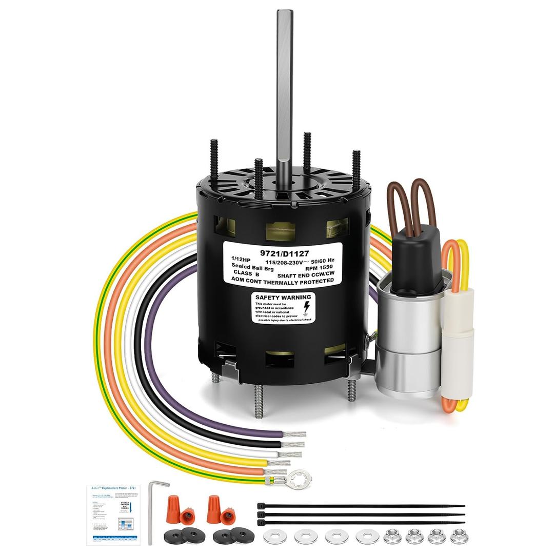 9721 Motor, Refrigerator Condenser Fan Motor, 1/12HP 115/230V 1550RPM, Low Noise, Compatible with D1127, D1126, D1124, D1123, D1152, D1154, 5008S, 5008T, 25309101, 9650, 49101, 1043336, 1043766
