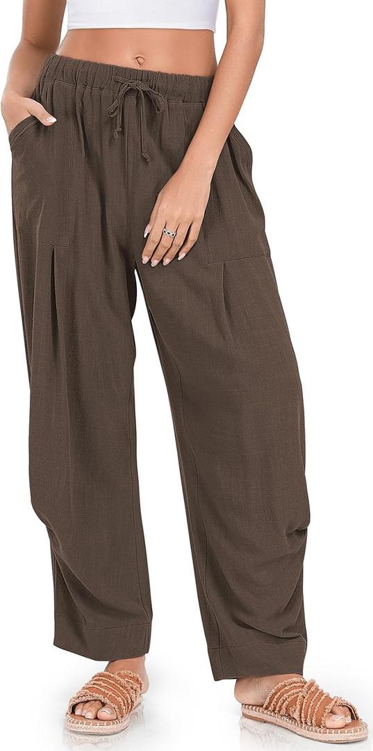 TARSE Women Linen Pants Casual Loose Drawstring Low Waist Beach Palazzo Harem Pants, DarkCoffee, XL