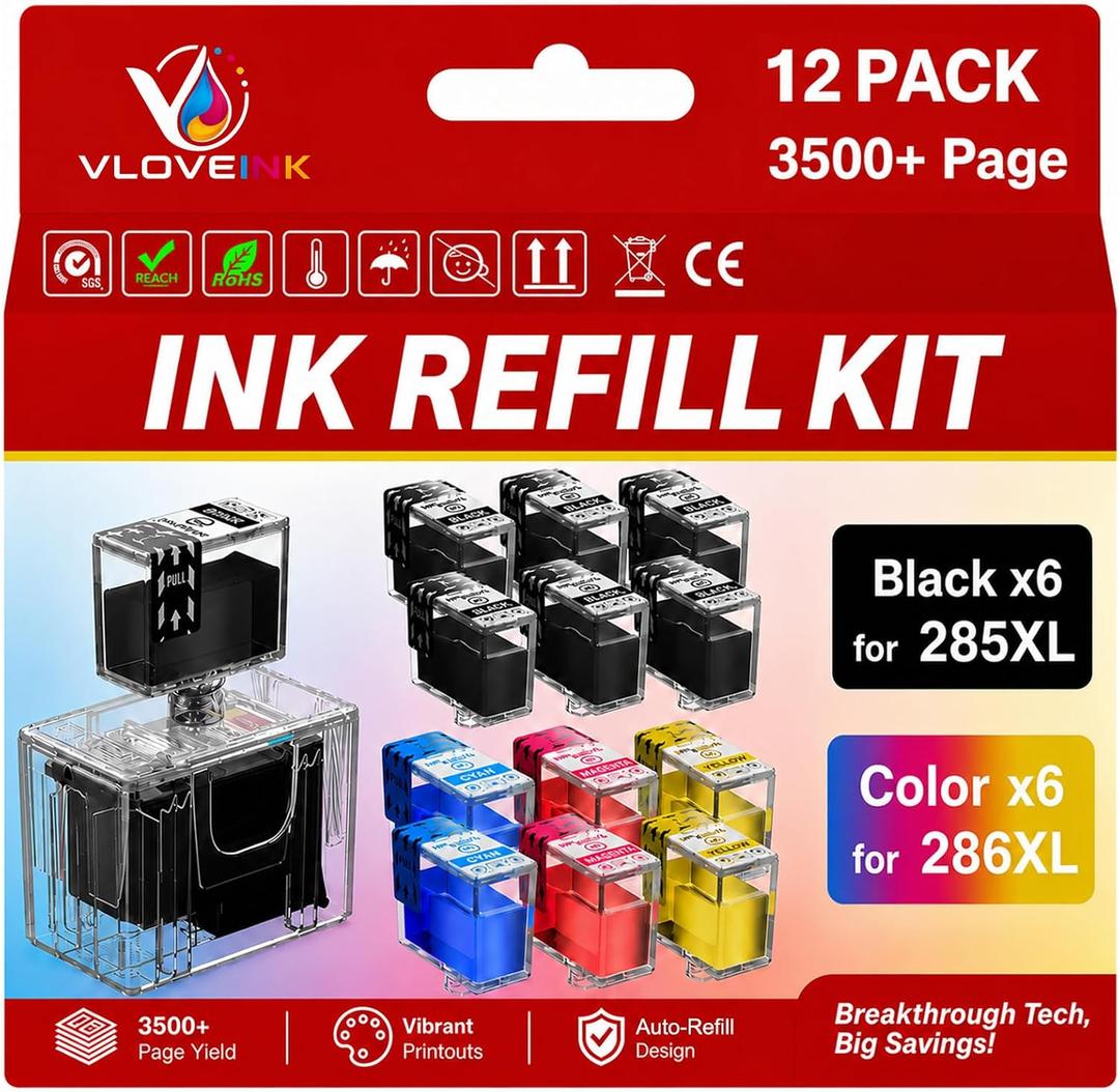PG-285XL CL-286XL Ink Refill Kit for Canon 285XL 286XL Ink Cartridges Compatible for Canon 285 286 PG-285 CL-286 XL Work with Pixma TS7720 TS7722 TR7820 Printer Ink (12-Pack, 6BK/2C/2M/2Y)