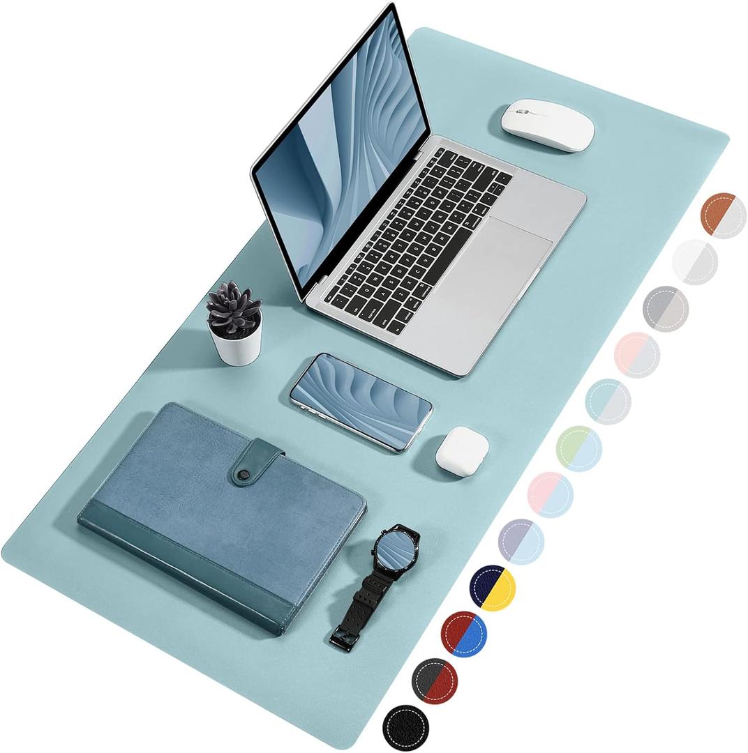 TOWWI Dual Sided Desk Pad, Large Desk Mat, Waterproof Desk Blotter Protector Mouse Pad, Leather Desk Pad Large for Keyboard and Mouse (39" x 20", Blue/Silver)