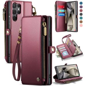 Defencase Compatible with Samsung Galaxy S23 Ultra Case Wallet with RFID Blocking Card Holder for Women, PU Leather Magnetic Snap Flip Zipper Strap Phone Case Fit for Galaxy S23 Ultra 5G, Wine Red