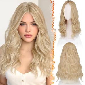 BARSDAR 18 Inch Wavy Beige Blonde Wig - Medium Length Blonde Wig for Women - Middle Part Natural Soft Wavy Synthetic Shoulder Length Wavy Wigs Daily Party Halloween Wig
