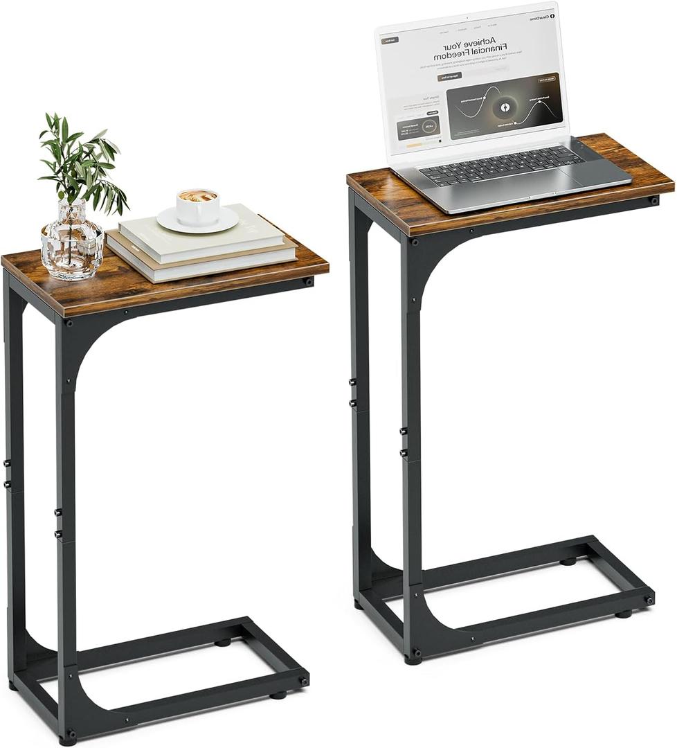 C-Shaped End Tables Set of 2 - Modern Small Sofa Table with TV Tray for Couch Arm, Narrow Side Table for Living Room, Bedroom, or Compact Spaces, Rustic Wood Top with Metal Frame, Rustic Brown